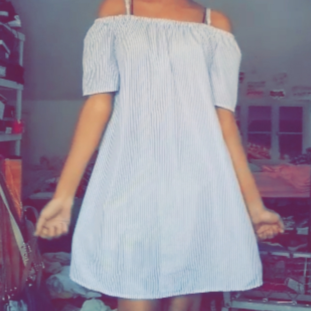 White blue striped over the shoulder summer dress
